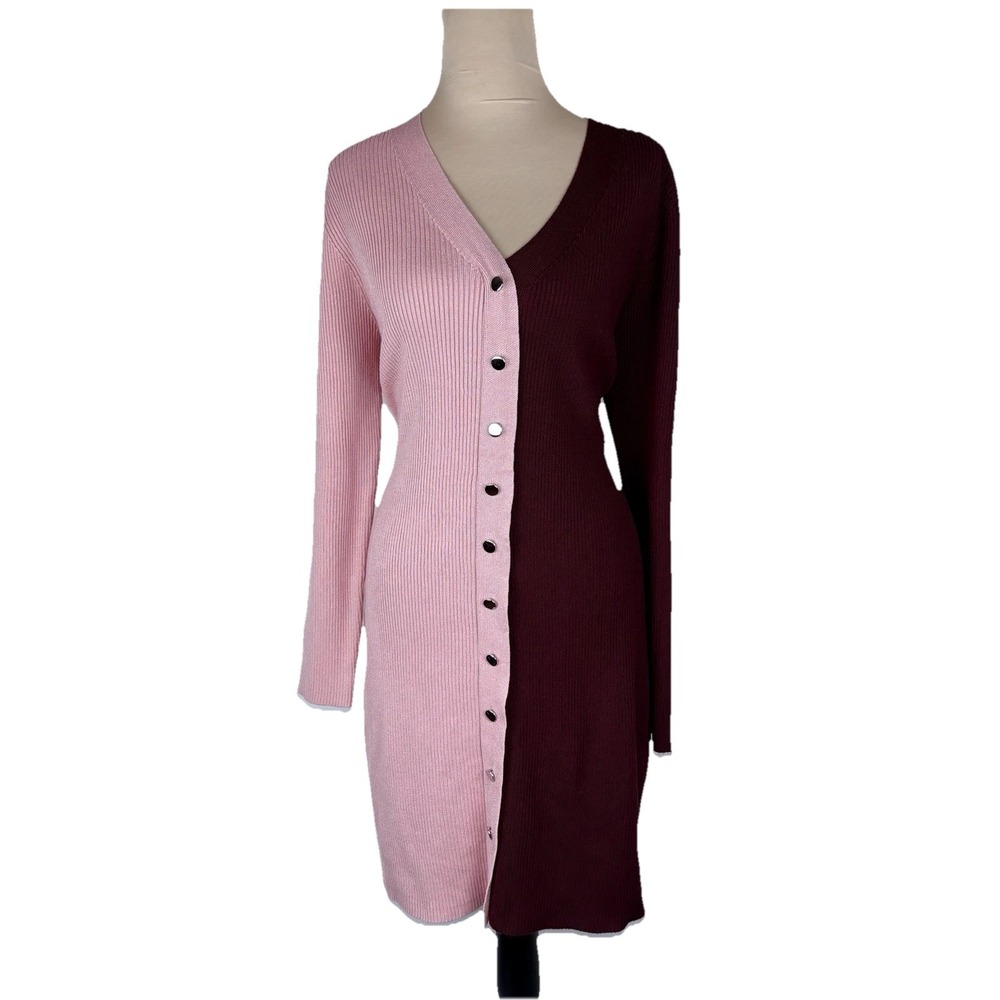 Womens Pink Burgundy Ribbed Midi Sweater Dress Button Down XL‎ Y2K Soft Girl